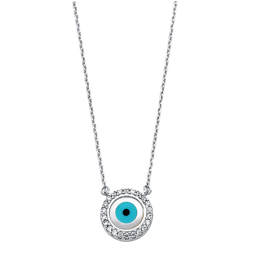 14K White Gold  CZ Evil Eye Necklace - 17+1"